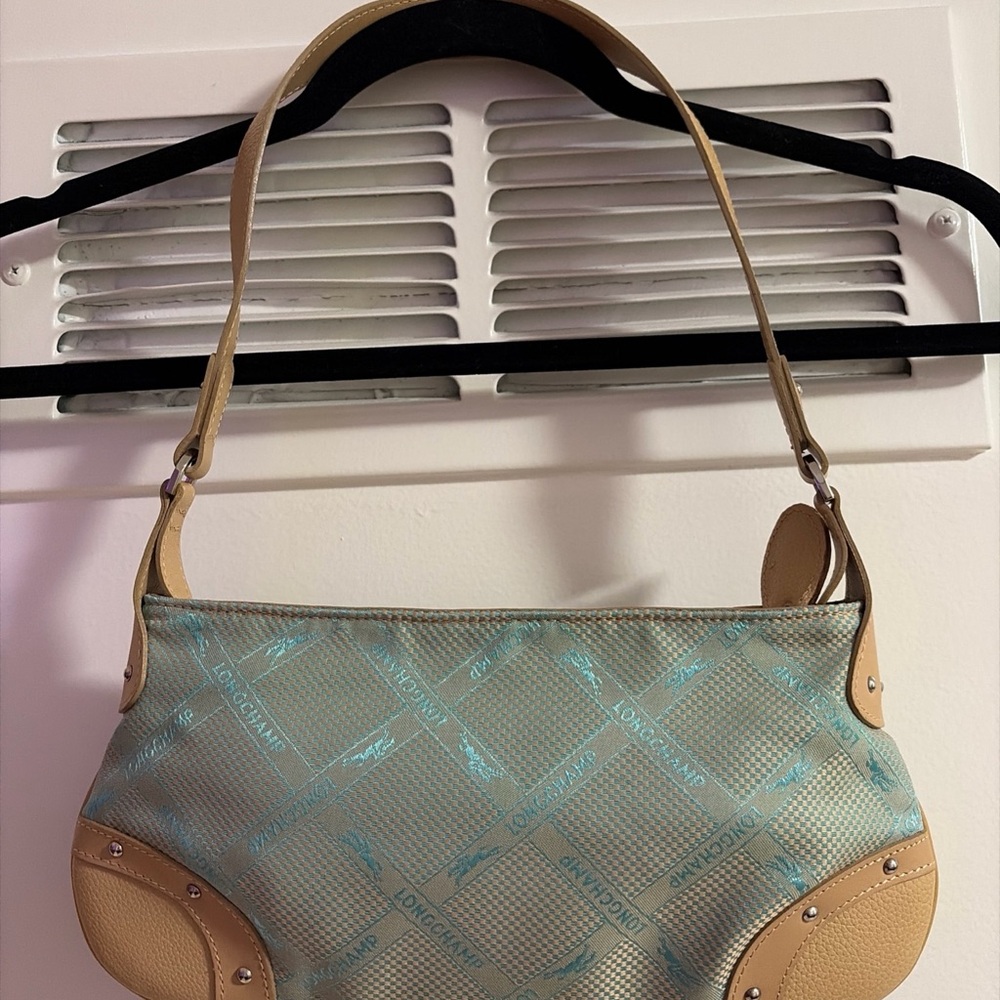 Longchamp Teal Beige Shoulder Bag Purse Silver Stud Detail Zipper Closure
